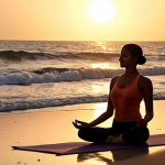 **A serene yoga scene on a pristine beach in Oman at sunrise. Focus on a silhouette of a person in a yoga pose against the backdrop of the glittering Indian Ocean, with the warm sunlight gently illuminating the scene.**