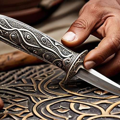 **Prompt:** Omani silversmith crafting a Khanjar dagger. Focus on the intricate silverwork, traditional tools, and the cultural significance of the dagger. Emphasize the craftsman's skill and the historical context.