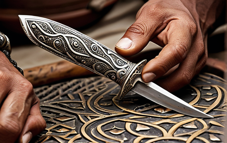 **Prompt:** Omani silversmith crafting a Khanjar dagger. Focus on the intricate silverwork, traditional tools, and the cultural significance of the dagger. Emphasize the craftsman's skill and the historical context.